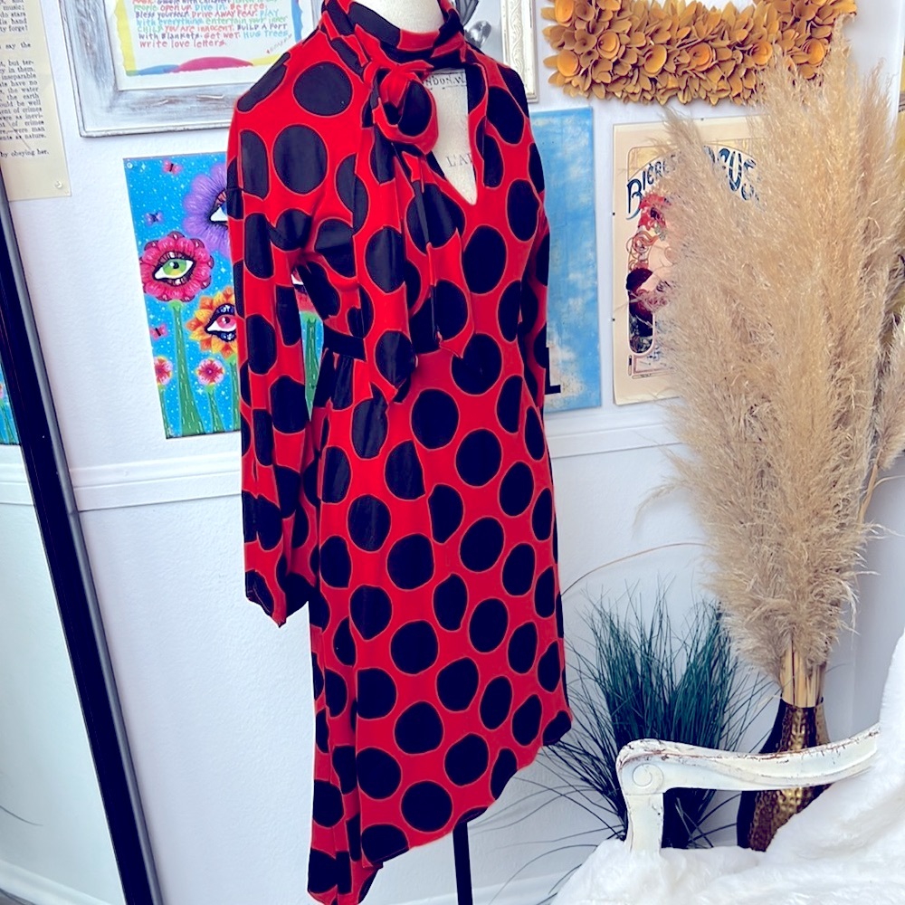 Zara Orange-red Black Chic Polka Dot Asymmetrical dress midi scarf S black label
